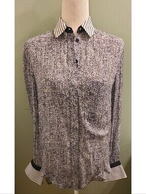 Chloe`Silk Speckled Stripe Contrast Pocket Blouse Medium 100% Silk Resortwear